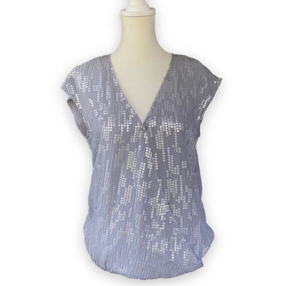 Michael Stars Silver Blue Silk Sequin Wrap Blouse Size Extra Small - Picture 1 of 12